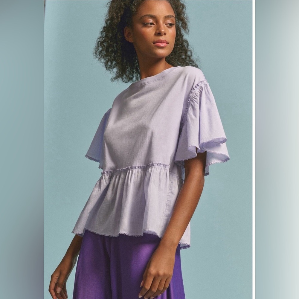 Anthropologie‎ Pastel Purple Ruffled Crop T-shirt Large
